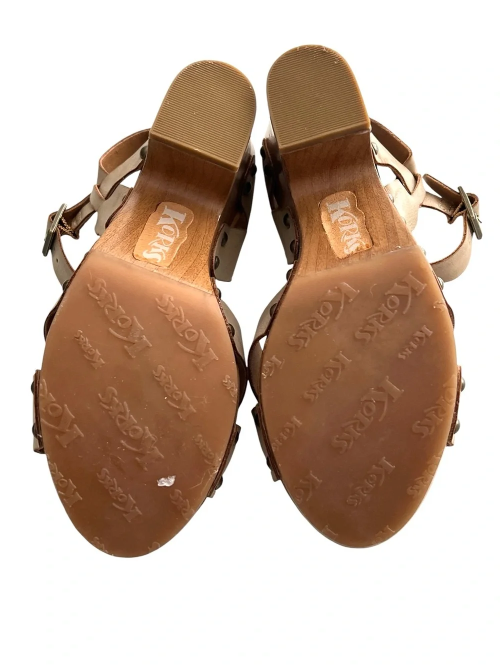 Korks Taupe Woven Wooden Clog Platform Sandals - Ankle Strap Wedge - Size 6M